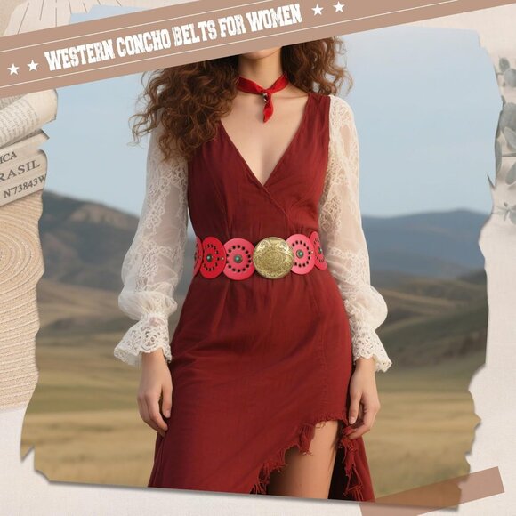 Woman's Western PU Leather Belts Concho Disc Wide Waist Belt Red Bronze Buckle - Picture 5 of 6